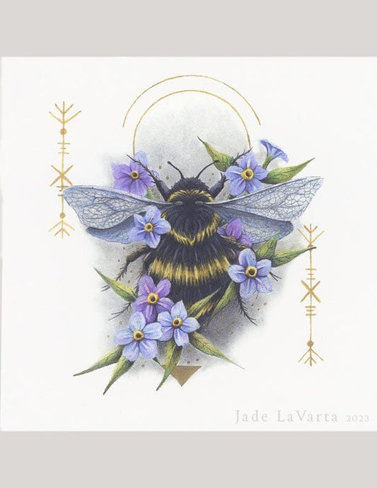 Bumble Bee & Forget me Not Flowers - Illustration Print Fine Art Prints Native Fauna Art 